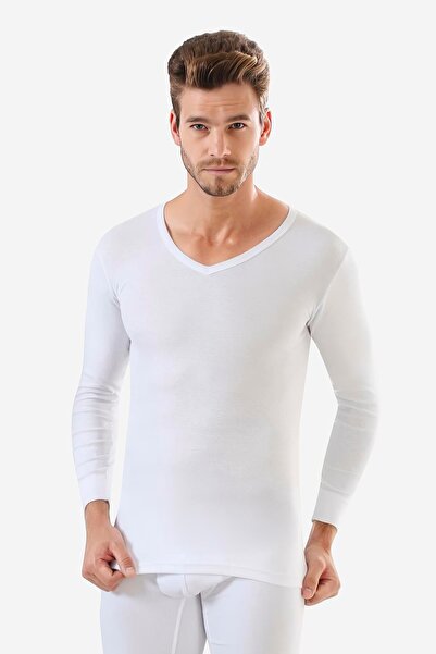 Arma Yıldız Men's V-neck White T-shirt - Long Sleeve, 100% Cotton, Rib