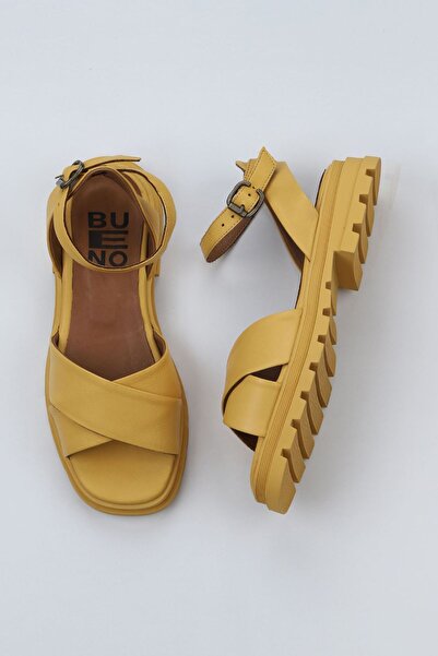 Bueno Shoes Κίτρινα Δερμάτινα Γυναικεία Flat Σανδάλια 01wy5508