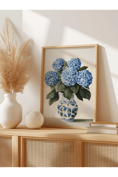Patika Poster – “Mavi Ortanca” | Natural Ahşap Çerçeveli Poster | 300 g Dokul...