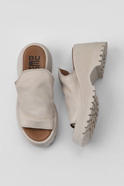 Bueno Shoes Women's Wedge Heeled Cream Leather Slippers - 01wy12606