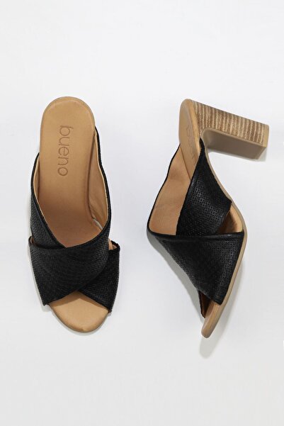 Bueno Shoes Γυναικείες μαύρες δερμάτινες παντόφλες με τακούνι - 01wn4303