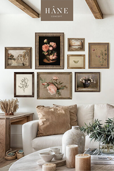 Hane Concept Vintage Çerçeveli 8'li Tablo Seti, Çiçek ve Manzara Baskılı Tablo, Galeri Duvarı, Avrupa Tarzı