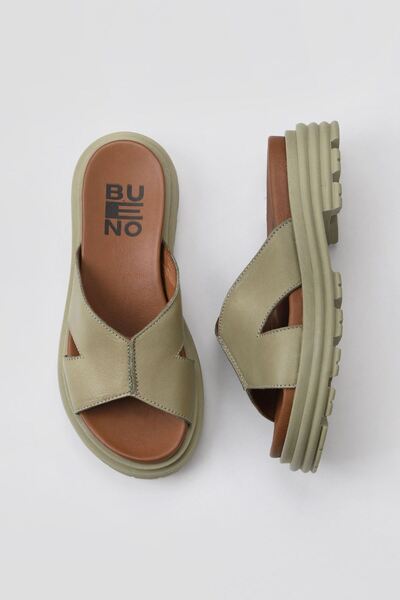Bueno Shoes Khaki Leather Women's Flat Slippers 01Wy8304