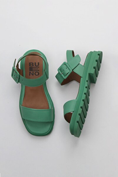 Bueno Shoes Σκούρο Πράσινο Δερμάτινο Γυναικείο Σανδάλι - Flat Design 01wy5500