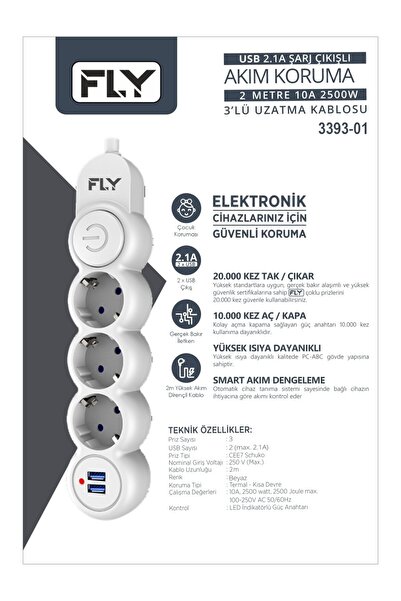 Fly 3'LÜ 2MT ANAHTARLI 2 USB'Lİ AKIM KORUMALI PRİZ