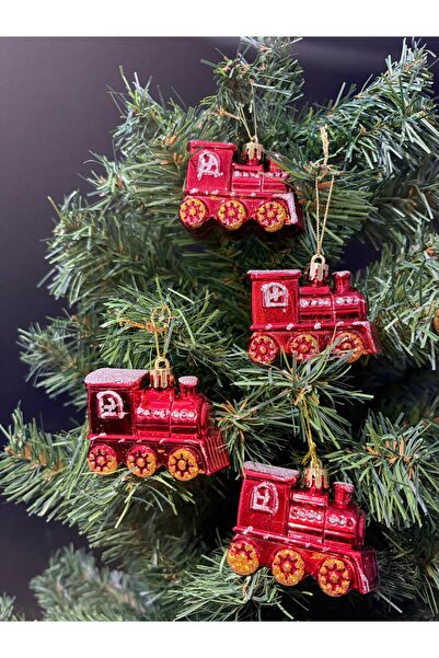 ENG PARTİ DÜNYASI Red Train Christmas Tree Ornament Set of 4 – Shiny Christma...