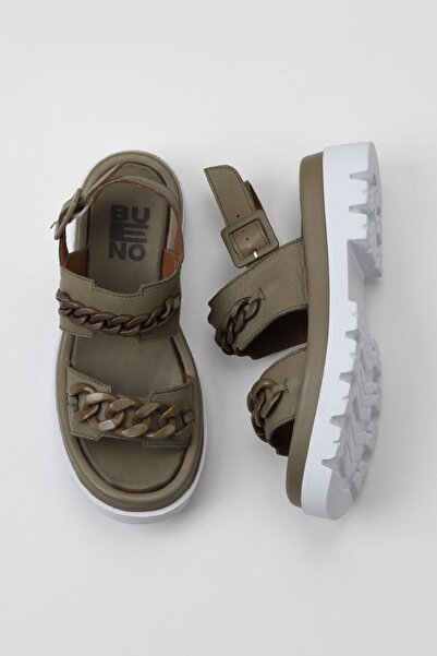 Bueno Shoes Χακί Δερμάτινα Γυναικεία Σανδάλια Flat 01wu7300