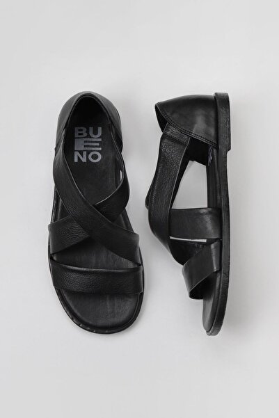 Bueno Shoes Μαύρα δερμάτινα γυναικεία φλατ σανδάλια 01wy2002