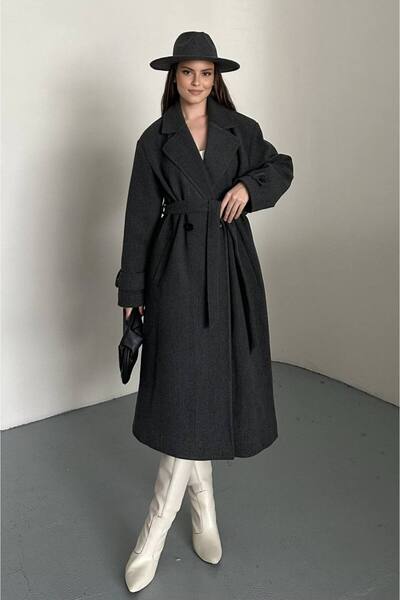 VESS MODA Palton lung pentru femei, cu curea și nasturi, antracit