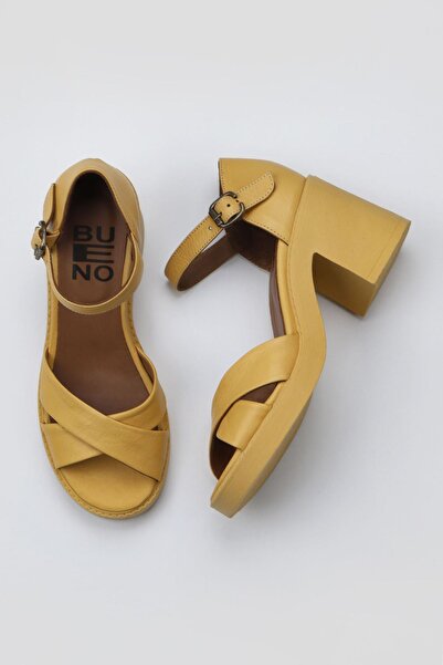 Bueno Shoes Sandale cu toc pentru femei din piele galbenă - 01wy12501
