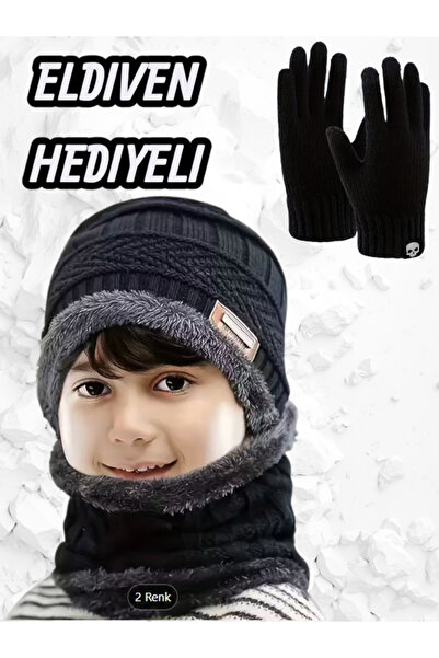 SOSYETEZGAHI Çocuk Siyah Şapka Ve Bere Eldiven Hediyeli Set Erkek Kız Kalın Ş...