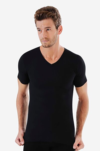 Arma Yıldız Men's Black Slim Fit V-neck Cotton T-shirt - Short Sleeve, Undershirt
