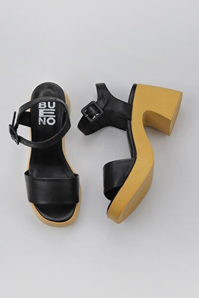 Bueno Shoes Μαύρα κίτρινα δερμάτινα γυναικεία πέδιλα με τακούνι 01wy12204