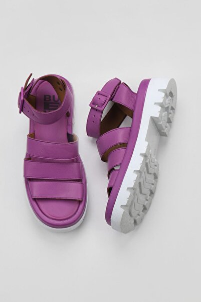 Bueno Shoes Sandale plate de damă din piele liliac 01wu7305