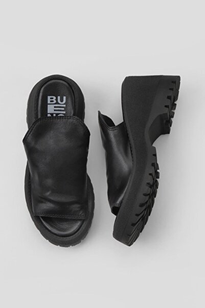 Bueno Shoes Γυναικείες παντόφλες μαύρες δερμάτινες με σφήνα τακούνι - 01wy12606