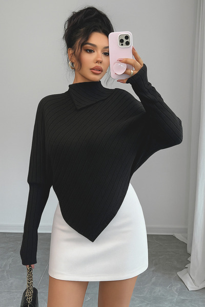 poswicon Μαύρο υφασμάτινο με ψηλό γιακά, ασύμμετρο μανίκι με λαμπερό άκρο, κομψό ust