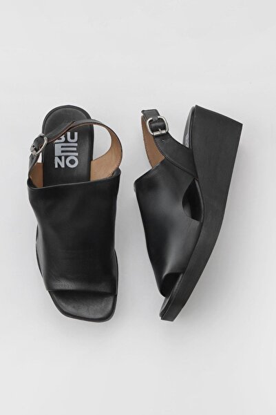 Bueno Shoes Γυναικεία πέδιλα μαύρα δερμάτινα με σφήνα τακούνια - 01wy2407