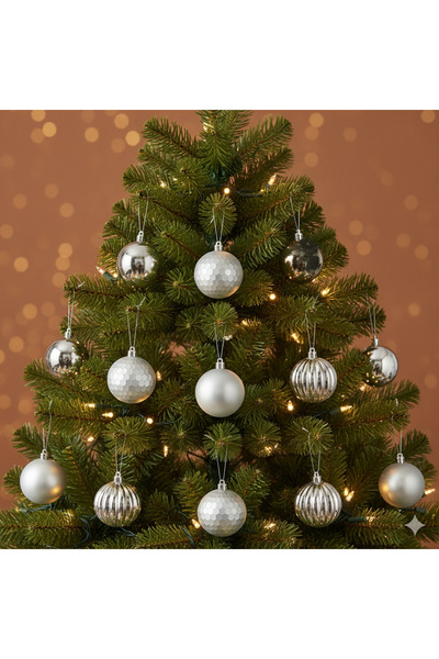 Kikajoy Коледна украса за елха, топка, 4 см, 4 модела, 24 броя, сребриста