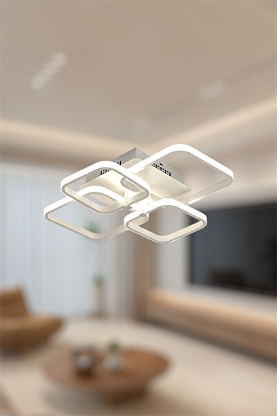 EYSHOP Modern Beyaz 4'lü Kare Model Kumandalı 3 Renk (Beyaz&Sarı&Günışığı) Led Avize Salon Yatak Odası