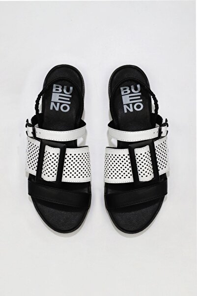 Bueno Shoes Μαύρα Λευκά Δερμάτινα Γυναικεία Επίπεδα Σανδάλια 01wu3010