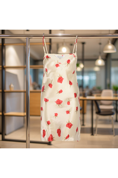 Al Lady ثوب نوم من الساتان مع حزام حبل وزخارف نباتية