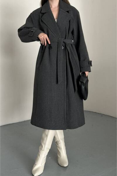 VESS MODA Dámský dlouhý kašmírový kabát s páskem a knoflíky, antracitový