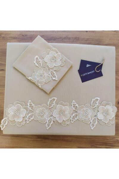 Çeyiz Bahçesi طقم غطاء لحاف مزدوج مزين بالدانتيل الفرنسي من كابتشينو مبتسم ثل...