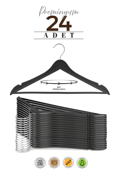 Miomi Siyah Ahşap Görünümlü Premium Serisi Askı 24Adet