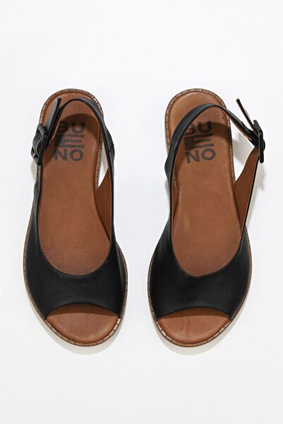 Bueno Shoes Μαύρα Khv-μπεζ δερμάτινα γυναικεία φλατ σανδάλια 01wu8204