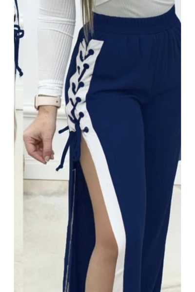 Butik Women's High Waist Side Cross Lace-Up Slit Viscose Two Thread Pants