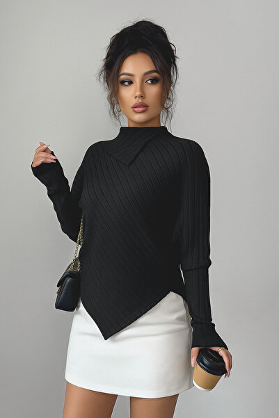 poswicon Μαύρο υφασμάτινο με ψηλό γιακά, ασύμμετρο μανίκι με λαμπερό άκρο, κομψό ust