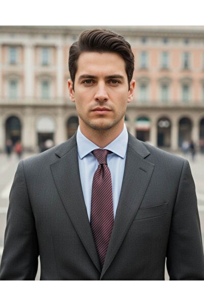 1001 Kravat ربطة عنق رفيعة للرجال بعرض 7 سم مخططة باللون الرمادي العنابي