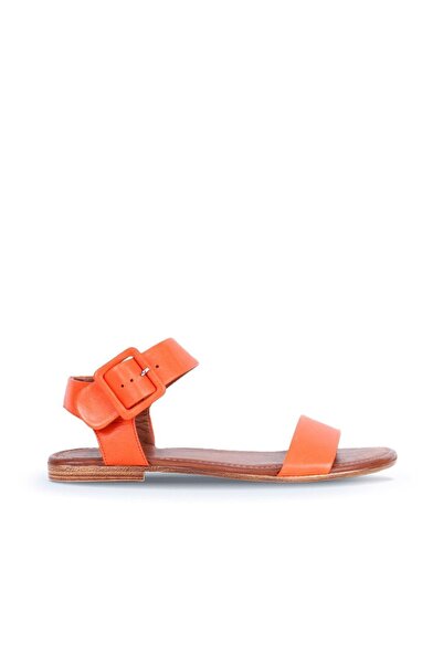 Bueno Shoes Πορτοκαλί δερμάτινα γυναικεία φλατ σανδάλια 01ws6900