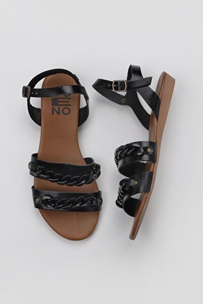 Bueno Shoes Μαύρα γυαλιστερά δερμάτινα γυναικεία φλατ σανδάλια 01wu7434