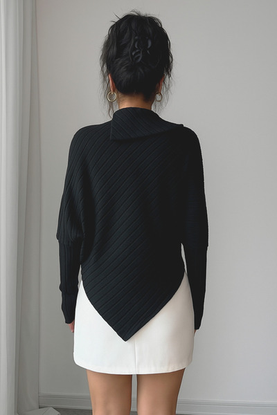 poswicon Μαύρο υφασμάτινο με ψηλό γιακά, ασύμμετρο μανίκι με λαμπερό άκρο, κομψό ust