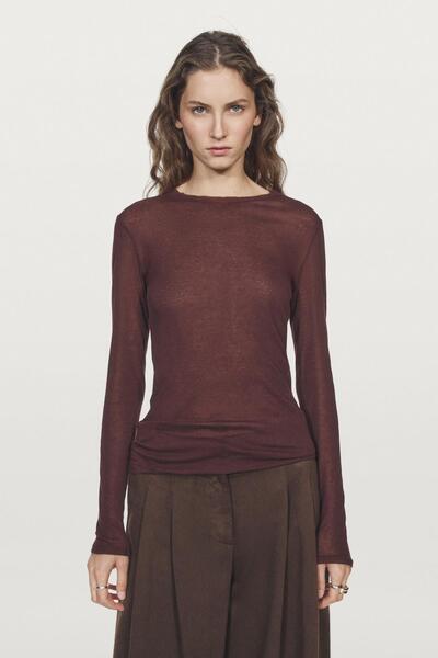 Massimo Dutti Yaka detaylı %100 pamuk yarı transparan t-shirt