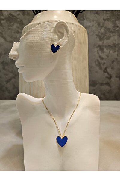 Alyas Aksesuar Minimalist Heart Necklace Earring Set Blue