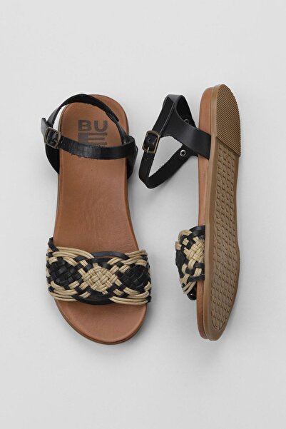 Bueno Shoes Μαύρα δερμάτινα γυναικεία φλατ σανδάλια 01wu4250