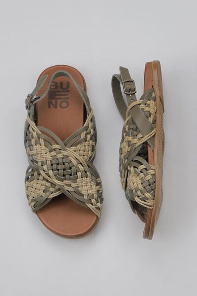 Bueno Shoes Χακί Δερμάτινα Γυναικεία Σανδάλια Flat 01wu4248