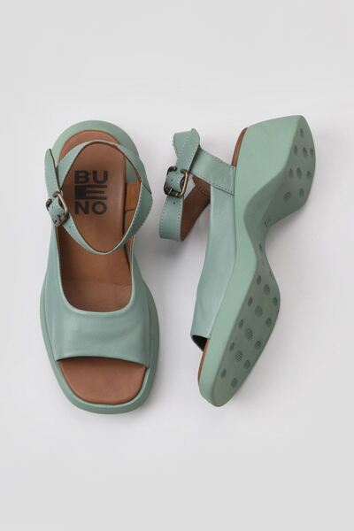 Bueno Shoes Πράσινα ανοιχτά δερμάτινα γυναικεία σανδάλια - Wedge Heel 01wy9305