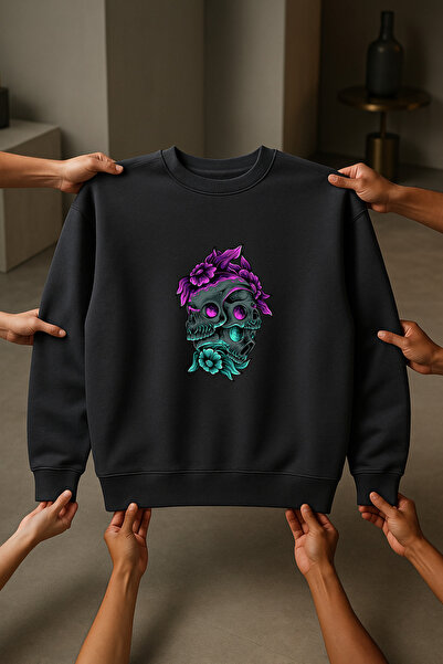 'Flowers and Skulls' II Lacivert Oversize Sweatshirt