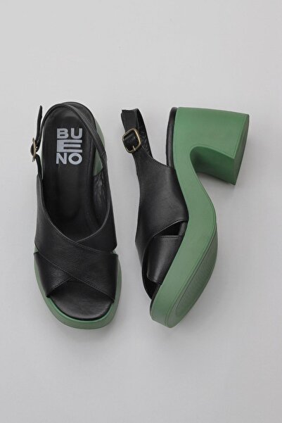 Bueno Shoes Siyah Koyu Yeşil Deri Kadın Dolgu Topuklu Ayakkabı 01wy12202
