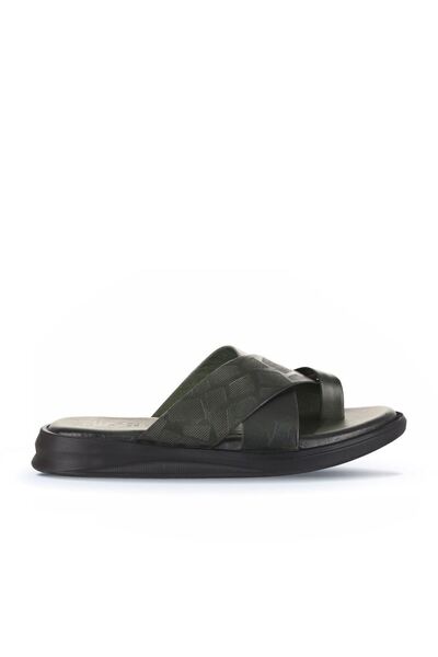 Bueno Shoes Χακί εμπριμέ δερμάτινες ανδρικές φλατ παντόφλες 25mt2232