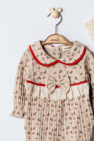 MİNİBORN New Born Girl Long Sleeve Print Flower Red Roba Fisto Jumpsuit Set