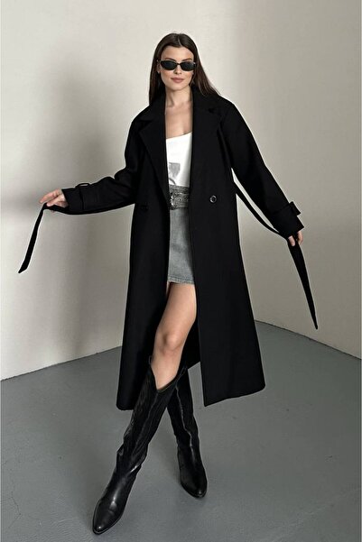 VESS MODA Kadın Kuşak ve Düğmeli Uzun Kaşe Kaban Siyah