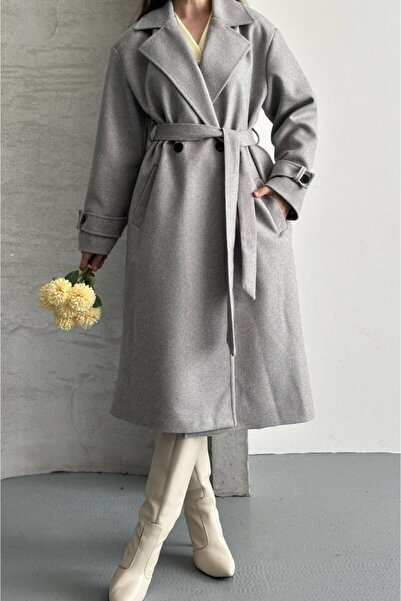 VESS MODA Palton lung cu nasturi și curea pentru femei, gri