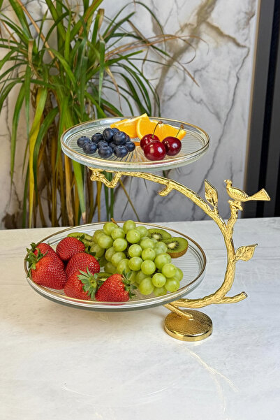 MAY HOME رف عرض زجاجي ذهبي فاخر ورف عرض طبق زجاجي ذهبي بطبقتين