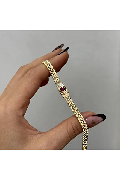 yeknova Xuping 14K Gold Rengi Kuyumcu İşçiliği Vintage Model Bordo Taş Detaylı Kararmaz Kadın Bileklik