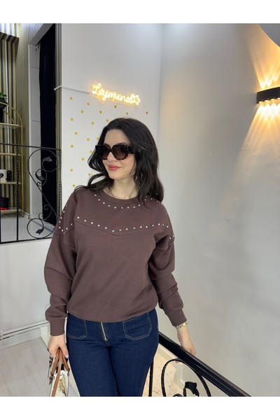 Kahve Kadın zımbalı oversize geniş kesim pamuklu basic bisiklet yaka sweatshirt