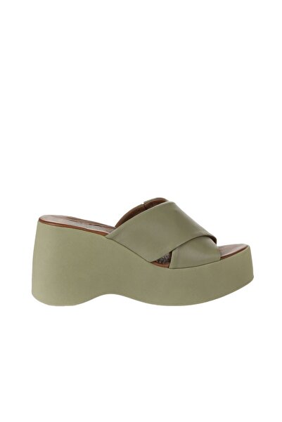 Bueno Shoes Khaki Leather Women's Wedge Heeled Slippers 01Wy9005